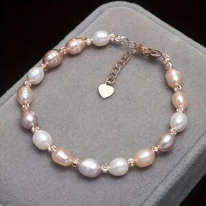 Freshwater Pearls Women's Elegant Minimalist Bracelet w Heart-Shaped Charm